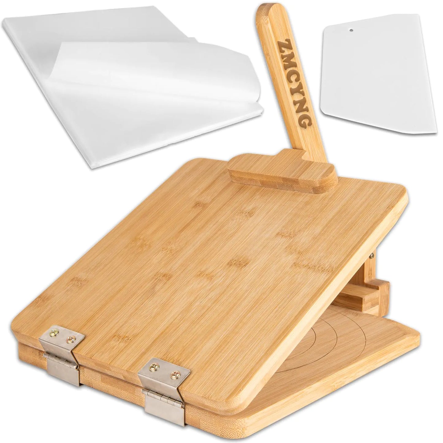Bamboo Wooden Tortilla Press - 10 Inch Wood Tortilla Maker Press Square with 60 Pcs Parchment Paper and Scraper Mexican Tortillera Presser 4.5” to 10" for Homemade Tortillas Pataconera & Dough Press