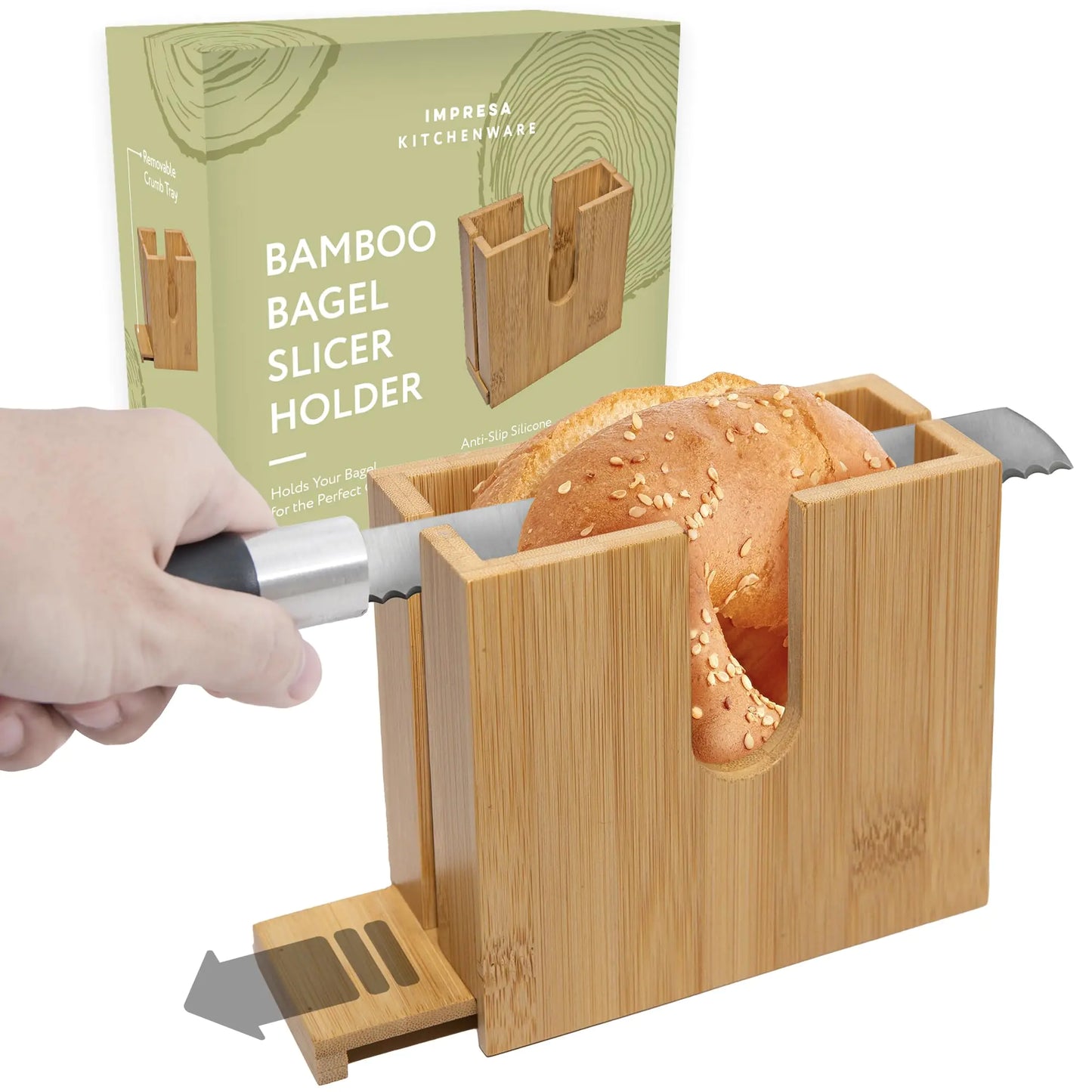 IMPRESA Bamboo Bagel Slicer Holder for Safe & Even Slices - Removable Bottom For Cleaning - Bagel Slicer for Small & Large Bagels with Anti-Slip Base - Bagel Holder Bread Slicer - Bagel Cutter Slicer