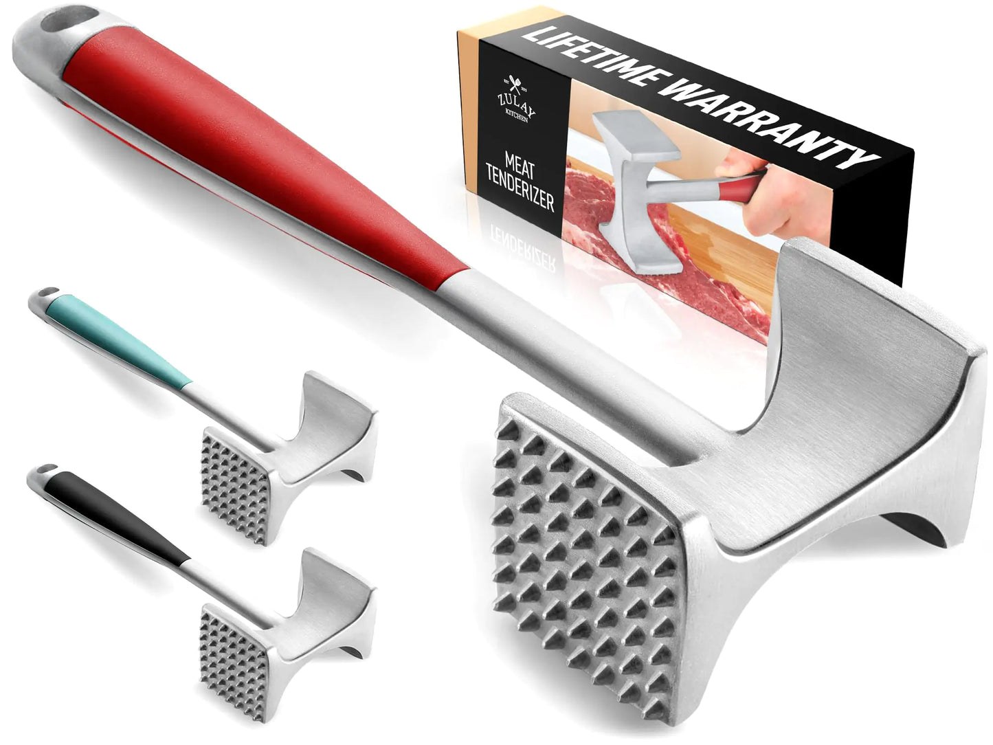 Zulay Professional Meat Tenderizer Tool - Dual Sided Meat Mallet Pounder With Comfort Grip Handle - Heavy Duty Meat Hammer Tenderizer - Meat Tenderizer Mallet & Meat Pounder - (10”) Red